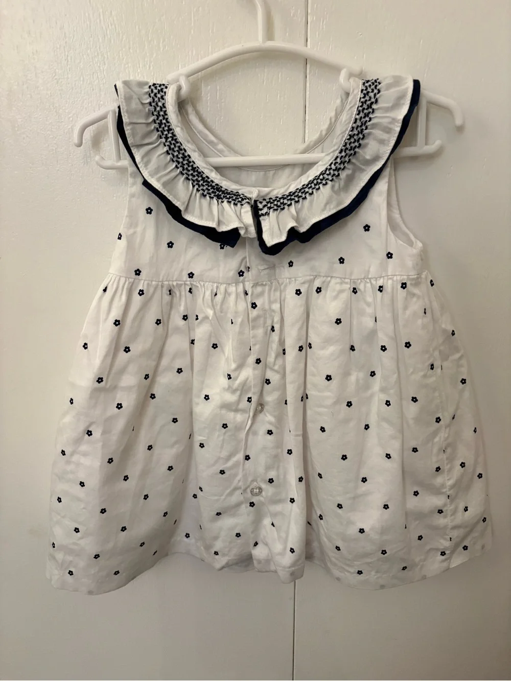 Mayoral White & Navy Embroidered Dress with Matching Diaper Cover